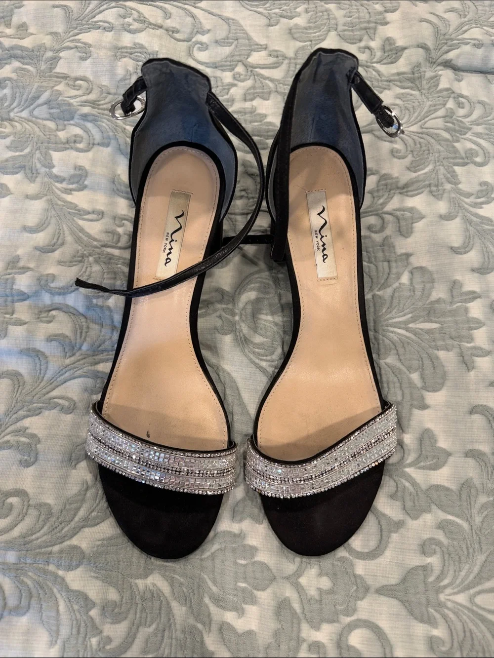 Nina Black Ankle-Strap Sandals with Silver Crystal Band